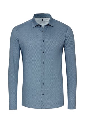 Langärmliges Hemd in Marineblau und Hellblau mit geometrischem Muster, Button-Down-Kragen und vorderen Knöpfen. Leichter Stoff mit strukturierter Oberfläche.
