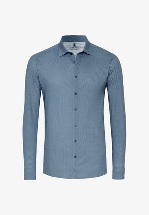 Langärmliges Hemd in Marineblau und Hellblau mit geometrischem Muster, Button-Down-Kragen und vorderen Knöpfen. Leichter Stoff mit strukturierter Oberfläche.