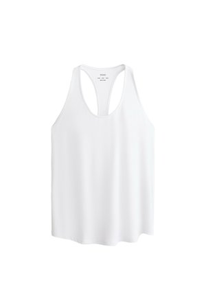 White tank top made from a smooth, lightweight fabric. Features a racerback design and a loose, flowing silhouette. No patterns or accents.