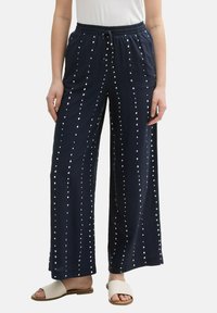 Navy wide-leg pants with a drawstring waist, featuring vertical white dot patterns and soft fabric. Paired with light sandals.