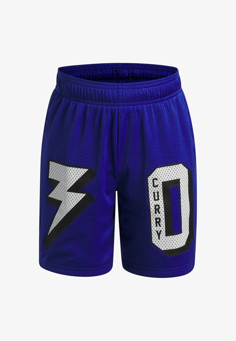 Pantalones cortos deportivos de malla azul que presentan un rayo y el nombre "CURRY" con el número '0' en blanco y negro contrastantes.