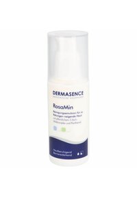 Dermasence RosaMin cleansing emulsion in a cylindrical white plastic bottle with a transparent cap. Blue text on white background.