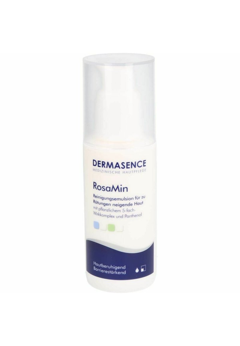 Dermasence RosaMin cleansing emulsion in a cylindrical white plastic bottle with a transparent cap. Blue text on white background.