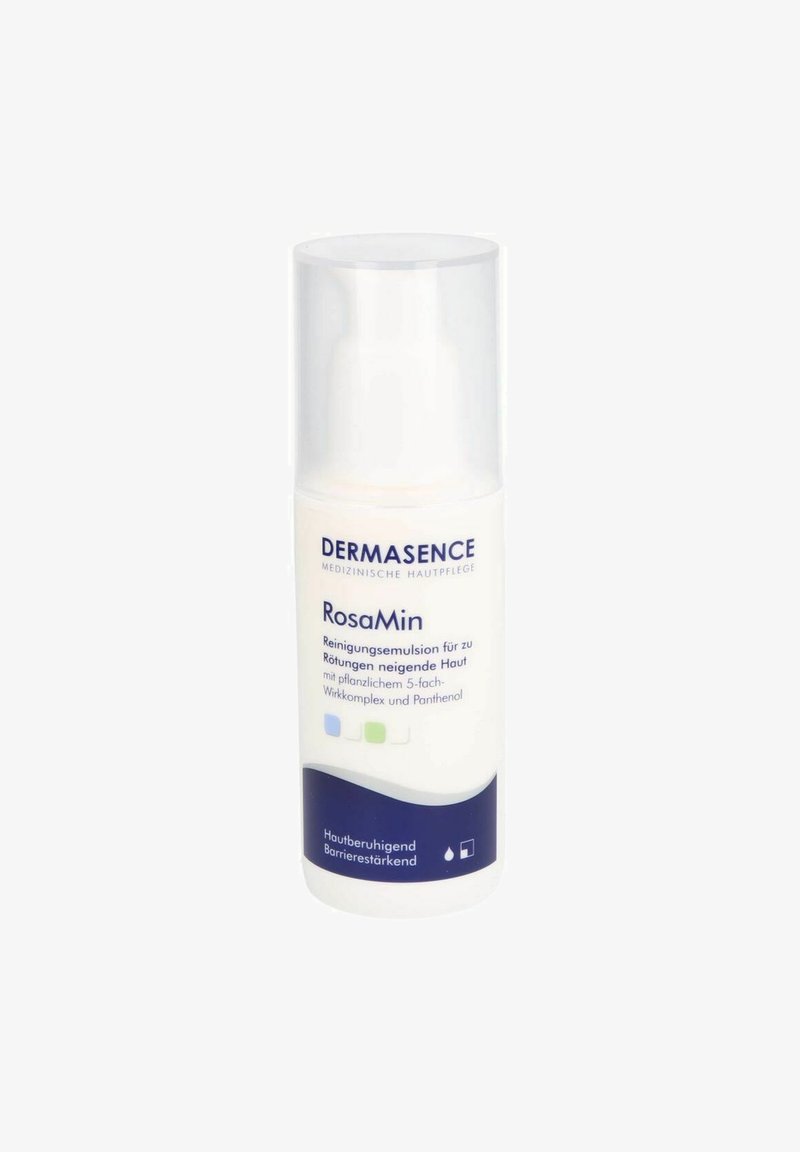 Dermasence RosaMin cleansing emulsion in a cylindrical white plastic bottle with a transparent cap. Blue text on white background.