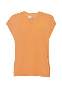 Top in maglia arancione a V con maniche corte e ampie, orlo a coste. Morbido al tatto con spacchi laterali per una vestibilità e un comfort migliori.
