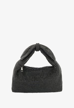 Sort perlehandtaske med knyttet håndtag, der har en struktureret overflade og en lynlåslukning. Kompakt form med afrundede kanter.