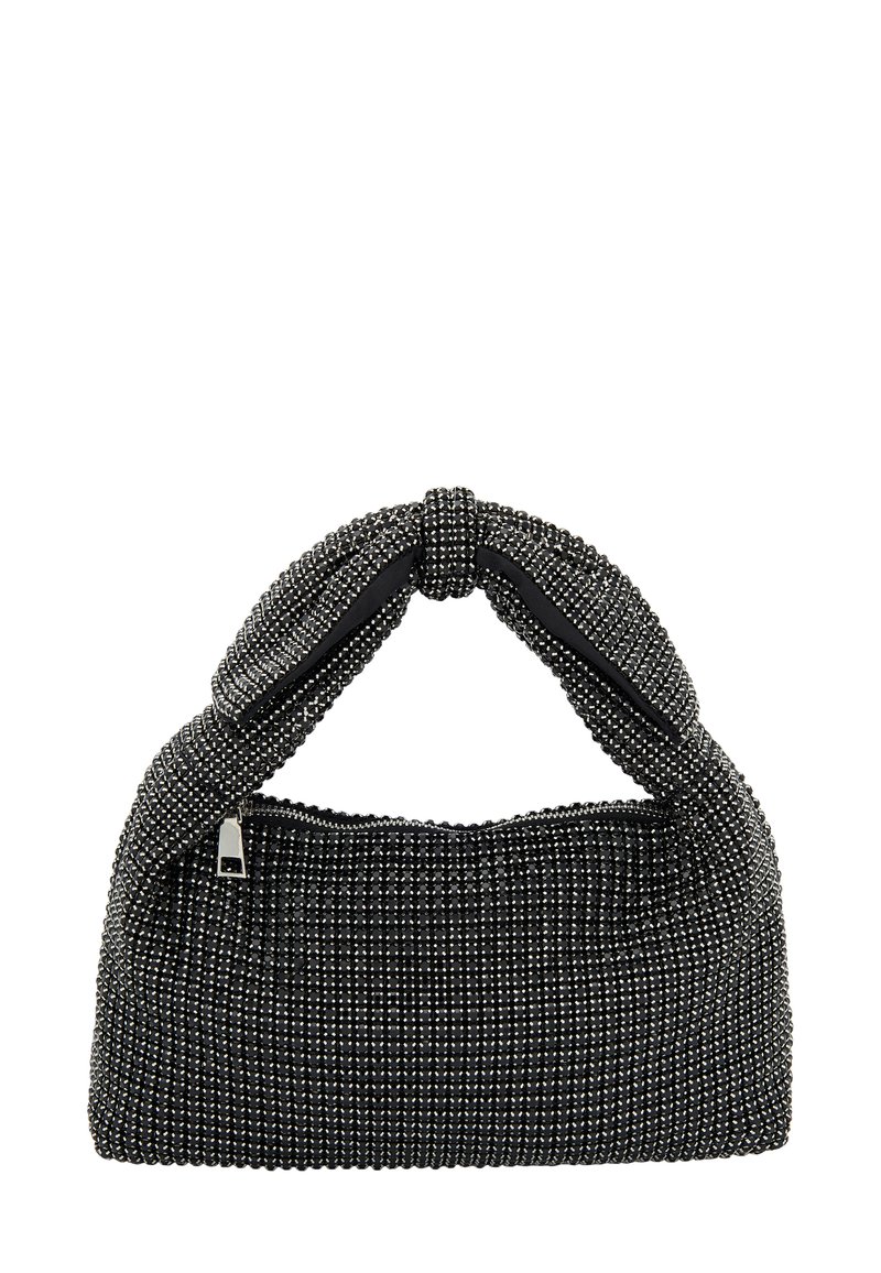Sort perlehandtaske med knyttet håndtag, der har en struktureret overflade og en lynlåslukning. Kompakt form med afrundede kanter.
