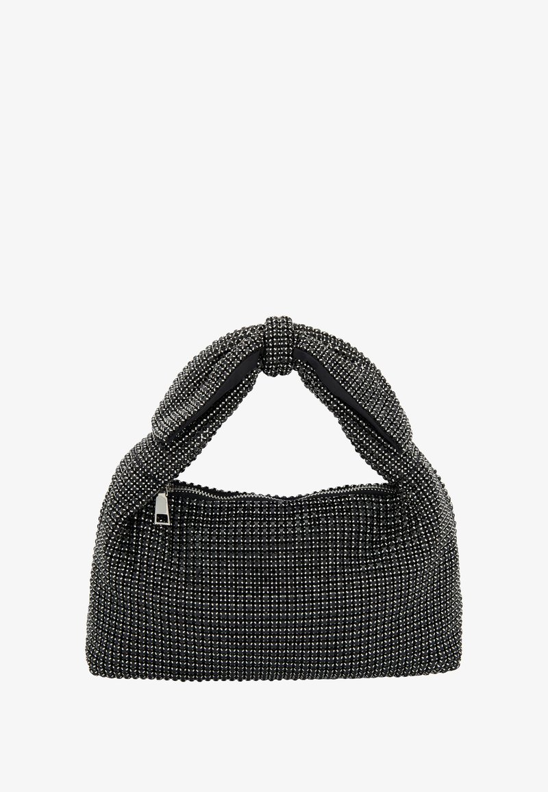 Geantă de mână din mărgele negre cu mâner legat, având o suprafață texturată și închidere cu fermoar. Formă compactă cu margini rotunjite.