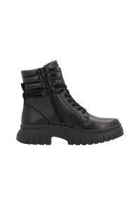 Botas de tobillo de cuero negro con un upper texturizado, cierre de cremallera lateral y suela de goma gruesa con relieves pronunciados. Detalle de cordones presente.