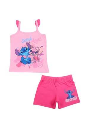 Débardeur rose pour fille avec bretelles volantées et shorts, avec les personnages de dessins animés Stitch et Angel en bleu et rose qui s’embrassent.