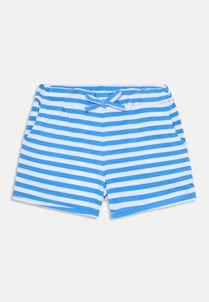 Blue and white striped shorts featuring a drawstring waistband and two side pockets, made from a soft, lightweight fabric.