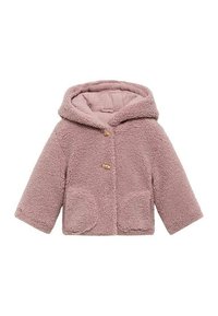 Fuzzy rosa jacka med huva, knappstängning och två framfickor; mjuk textur och lös passformdesign.