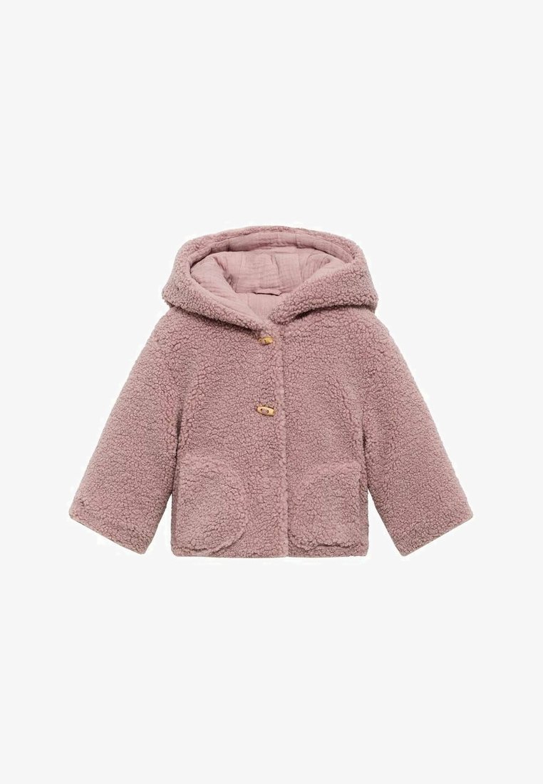 Fuzzy pink jacket with a hood, button closure, and two front pockets; soft texture and loose fit design.