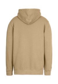 Beige Kapuzenpullover aus einem weichen, strukturierten Stoff. Mit gerippten Bündchen und Saum, und einem klassischen Schnitt ohne sichtbare Marken oder Akzente.