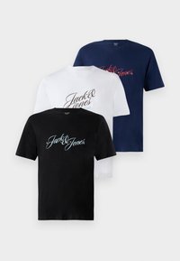 Trei tricouri din bumbac cu mânecă scurtă, în culorile negru, alb și bleumarin, având logo-ul "Jack & Jones" în litere stilizate pe partea din față.