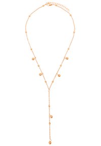 Goudkleurige ketting met gelijkmatig verdeelde ronde kralen, een Y-vormige hanger en een verstelbare sluiting voor lengtevariatie.