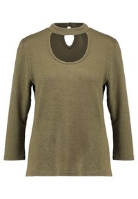 Olijfgroen langemouwen top met een ronde hals en uitsnijdetail. Zachte textuur, casual pasvorm en halfhoge mouwen. Sluiting met knoop aan de achterkant.