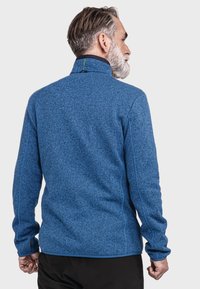 Blaue Fleecejacke mit hohem Kragen, strukturierter Oberfläche und kontrastierenden Nähten. Lange Ärmel mit Daumenlöchern. Nur Rückansicht.