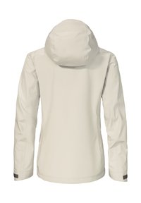 Leichte, cremefarbene Jacke mit Kapuze. Sie hat eine glatte Textur, lange Ärmel und verstellbare Bündchen mit Klettverschlüssen.