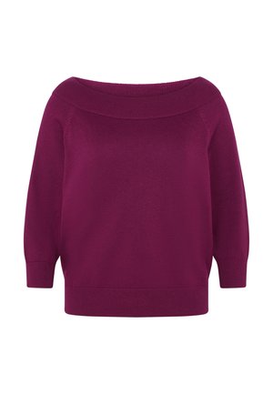 Pull en maille violet à épaules dénudées, manches trois-quarts et col, poignets, et ourlet côtelés.