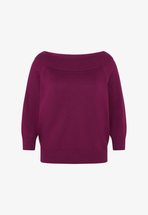 Schulterfreier lila Strickpullover mit dreiviertel Ärmeln und geripptem Ausschnitt, Bündchen und Saum.