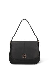 Borsa a tracolla in pelle nera con superficie lavorata, chiusura a patta e un logo circolare come dettaglio. Dotata di un manico singolo per un facile trasporto.