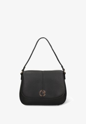 Borsa a tracolla in pelle nera con superficie lavorata, chiusura a patta e un logo circolare come dettaglio. Dotata di un manico singolo per un facile trasporto.