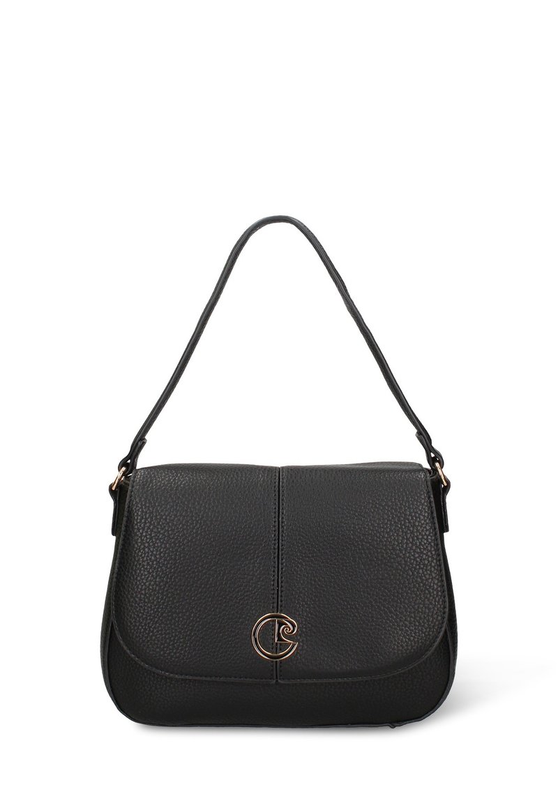 Borsa a tracolla in pelle nera con superficie lavorata, chiusura a patta e un logo circolare come dettaglio. Dotata di un manico singolo per un facile trasporto.
