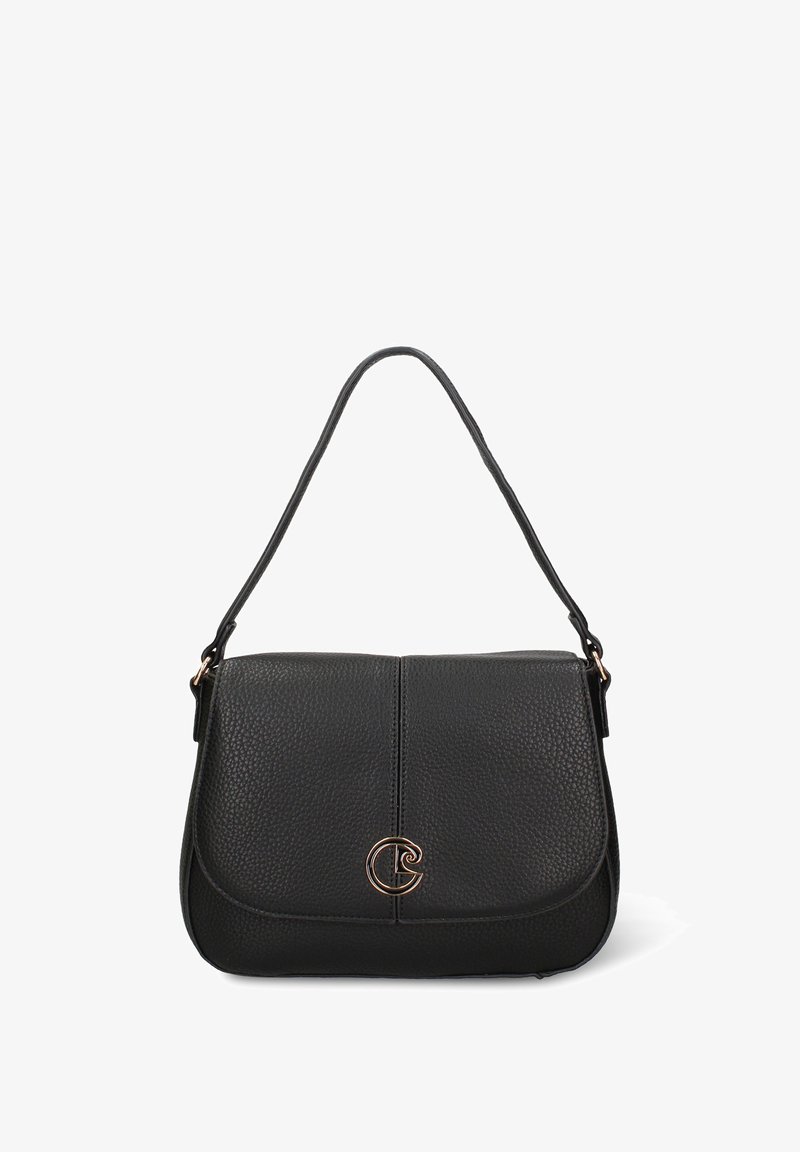 Borsa a tracolla in pelle nera con superficie lavorata, chiusura a patta e un logo circolare come dettaglio. Dotata di un manico singolo per un facile trasporto.