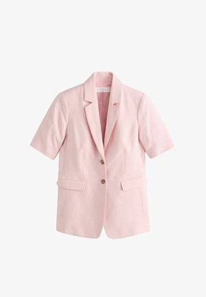 Világos rózsaszín vászonblézer rövid ujjakkal, bemetszett hajtókákkal, két első gombbal és zsebfedős zsebekkel.