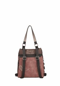 Bolso de hombro rosa vibrante con acentos marrones, que cuenta con múltiples cremalleras y una superficie texturizada, decorado con un patrón geométrico y texto.