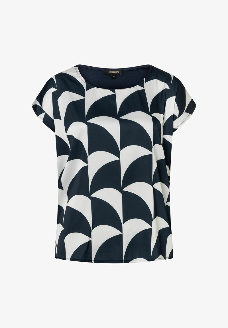 Short-sleeve blouse in navy and white, featuring a geometric pattern of overlapping semicircles. Made from smooth, lightweight fabric.