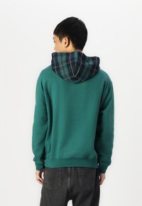 Sweatshirt verde cu căptușeală în carouri la glugă, croi lejer și tiv cu nervuri. Prezintă un exterior texturat solid și un design casual.
