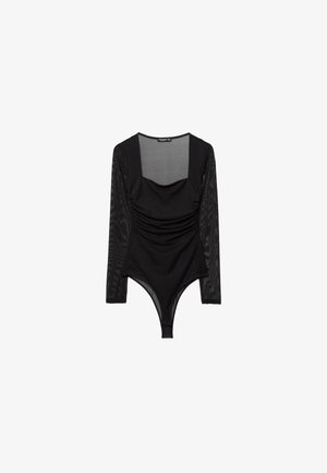Czarny body z długim rękawem, przezroczystymi rękawami, kwadratowym dekoltem i marszczeniami z przodu.