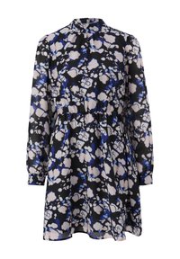 Zwart langemouwen jurk met witte en blauwe bloemmotieven, hoge kraag en een elastische tailleband voor een geplooid effect.