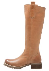 Botte en cuir beige, hauteur genoux, avec un bout arrondi, des accents de couture, un talon empilé et une languette en haut pour un enfilage plus facile.