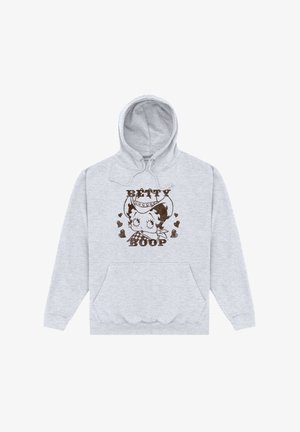 Grå hættetrøje lavet af blødt stof med et mørkebrunt grafik af Betty Boop med hjerter, en frontlomme og snorehætte.