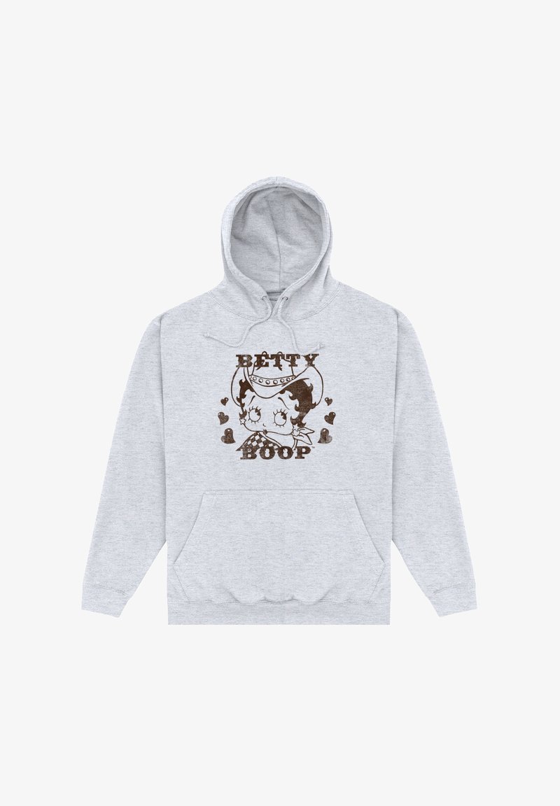Šedá mikina s kapucí vyrobená z měkké látky, s tmavě hnědým grafickým motivem Betty Boop se srdíčky, přední kapsou a stahovací kapucí.
