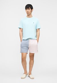 Άνδρας που φοράει ανοιχτό μπλε μπλουζάκι, μπλε και ροζ ριγέ σορτς και μπεζ παπούτσια τύπου slip-on, όρθιος με τα χέρια στις τσέπες.