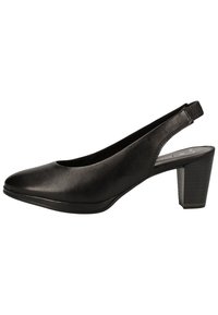Chaussure slingback en cuir noir avec un bout rond, un talon bloc de hauteur moyenne et une sangle élastique pour le confort. Texture lisse avec des accents minimalistes.