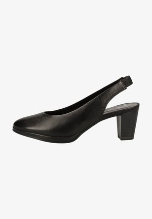 Black leather slingback shoe with a rounded toe, mid-height block heel, and elastic strap for comfort. Smooth texture with minimal accents.