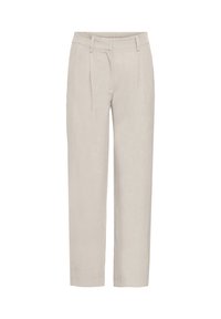 Pantalon beige clair à coupe décontractée, avec une texture lisse, des plis à l'avant et une taille élastique pour plus de confort.