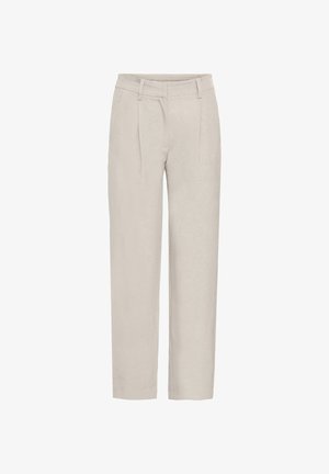 Šviesiai smėlio spalvos kelnės laisvo modelio, pasižyminčios lygiu audiniu, priekinėmis klostėmis ir elastinga juosmens juosta patogumui.