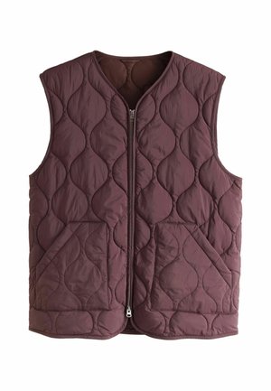 Sleeveless quilted vest in dark brown with front zipper and two large front pockets, featuring a wave-like stitch pattern.