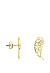 Guldtonade stiftörhängen med en bladdesign som har fem klara stenar insatta i en böjd, texturerad form. Snygg och elegant finish.