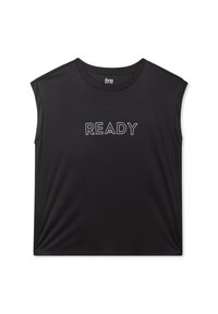 Canottiera nera senza maniche in tessuto liscio, con scollo rotondo e stampa bianca "READY" sul davanti.