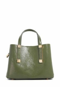 Groene gewoven handtas met een glanzende afwerking, vierkante vorm, twee handgrepen en accenten van goudkleurig metaal aan de zijkanten.
