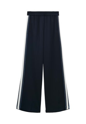 Wide-leg pants in navy fabric with a soft texture. Features a stretchy waistband, side pockets, and white stripes down the sides.