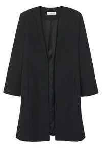 Zwarte lange jas met een rechte snit. Voorzien van een notch kraag, open voorkant en mouwen van gemiddelde lengte, gemaakt van een gladde stof. Minimalistisch ontwerp.