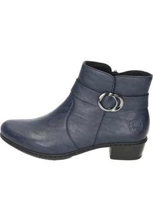 Navy leather ankle boot with a rounded toe, side zipper, and a decorative metallic ring accent on the ankle strap. Low block heel.